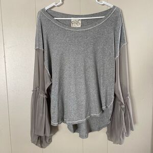 Free People XS Gray Knit Top • Mesh Balloon Sleeve Pullover • Boho Slouchy Casua
